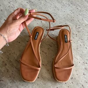 Nine West Cognac Strappy Wedge Sandals with Ankle Tie
